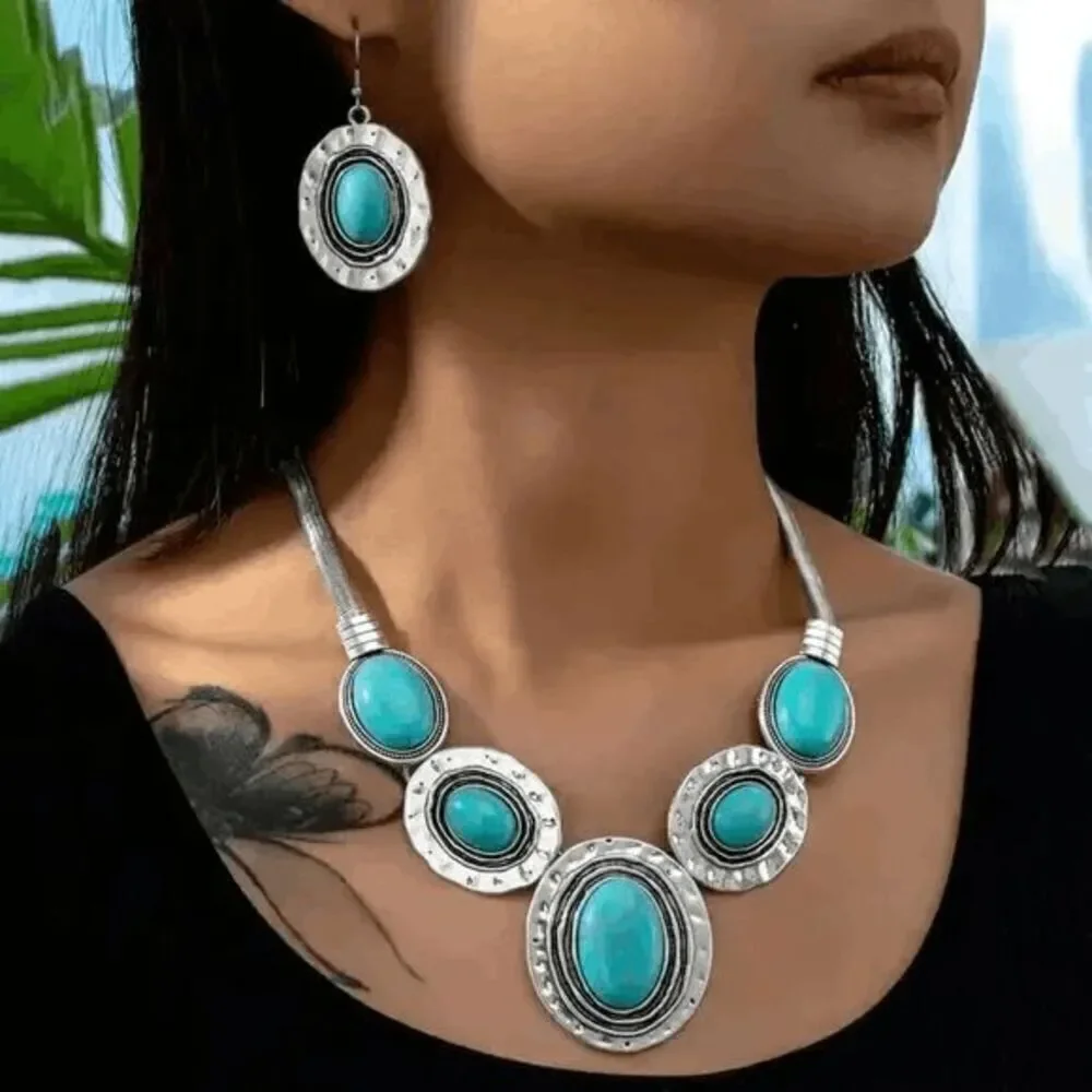 Western Boho Turquoise Silver Necklace and Earring Set